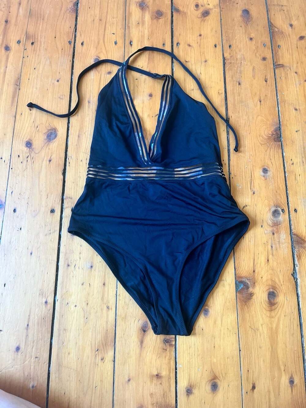H&M Black Halter One-Piece Swimsuit with Mesh Detail